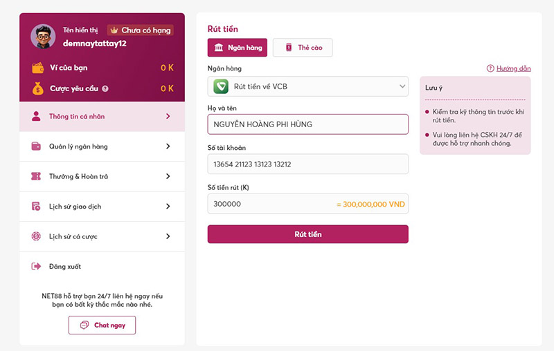 Hướng dẫn cách rút tiền nhà cái Net88